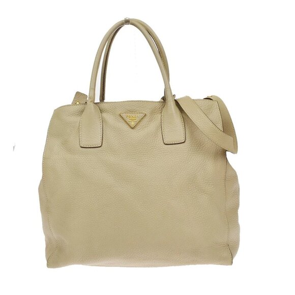 PRADA Logo 2Way Shoulder Hand Bag Leather Beige GHW Ittaly 80YH703 - Picture 1 of 16